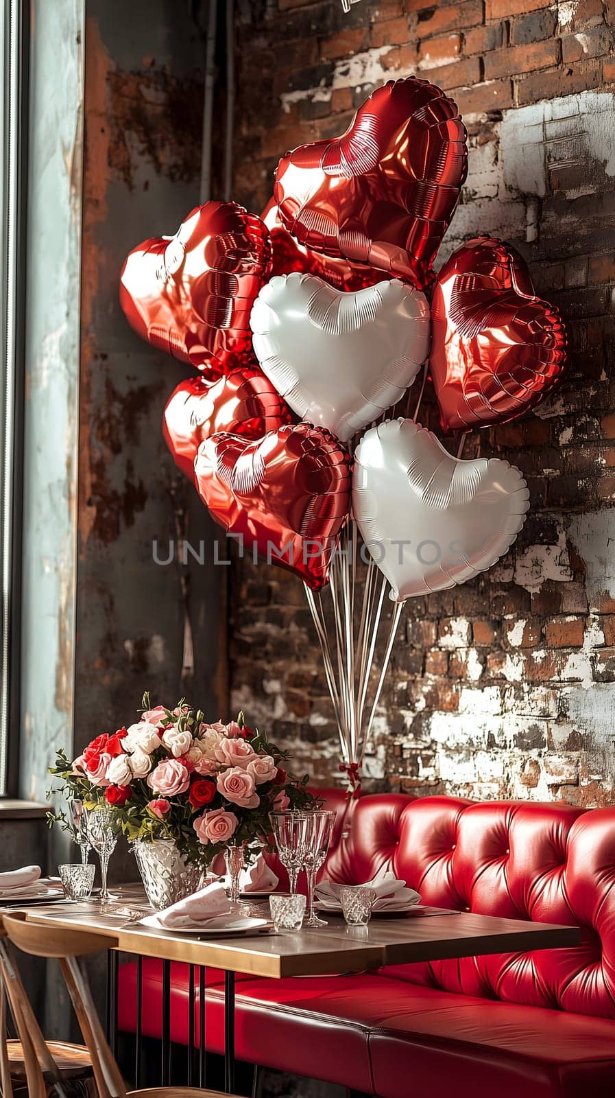 Beautifully decorated restaurant table featuring red and white heart-shaped balloons, a bouquet of roses, and an elegant dining setup. A perfect ambiance for love and special celebrations.