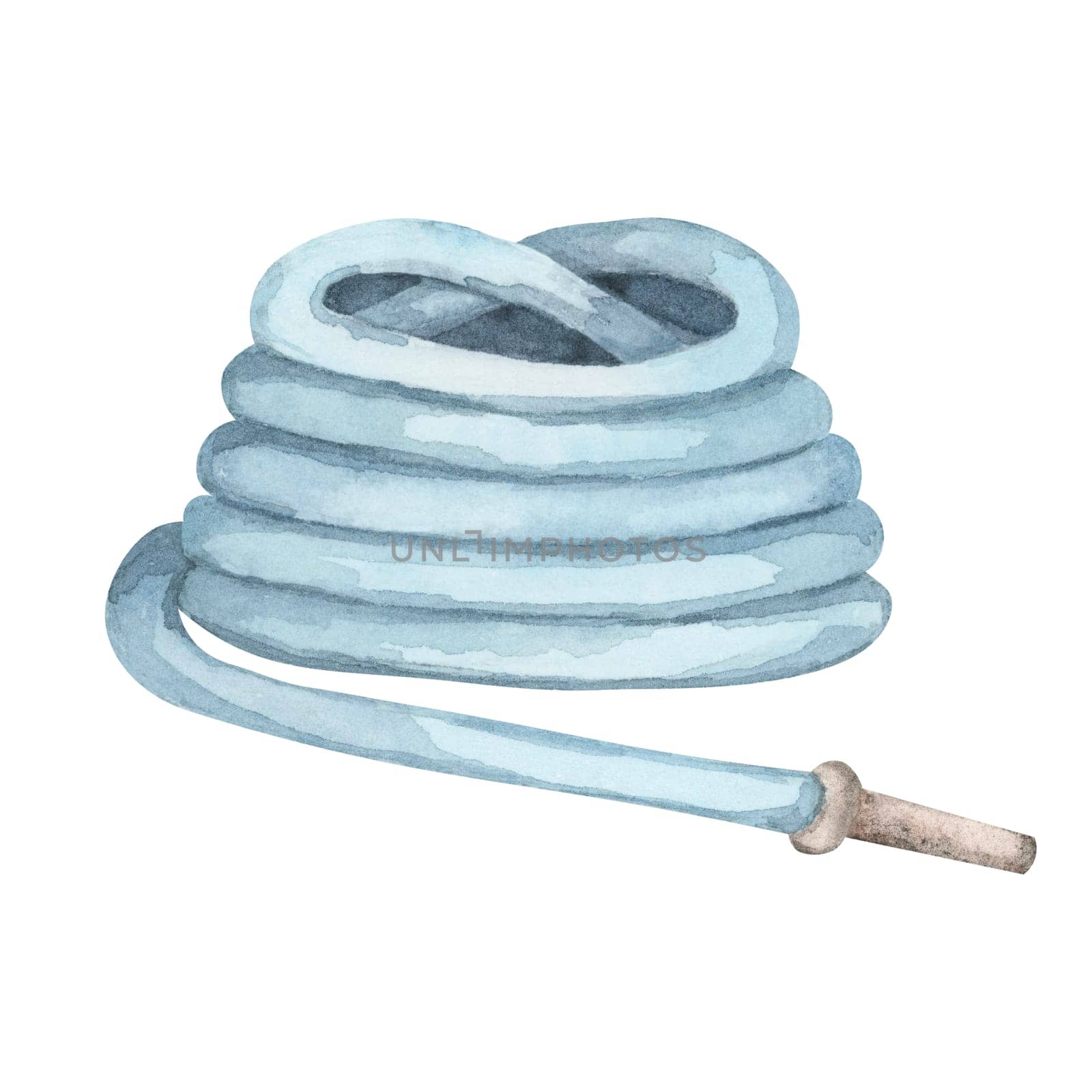 Blue water hose with metal nose. Plastic or rubber tube for lawn watering, gardening accessory. Watercolor isolated clipart for farmhouse designs, garden works flyers and stickers, DYI cards