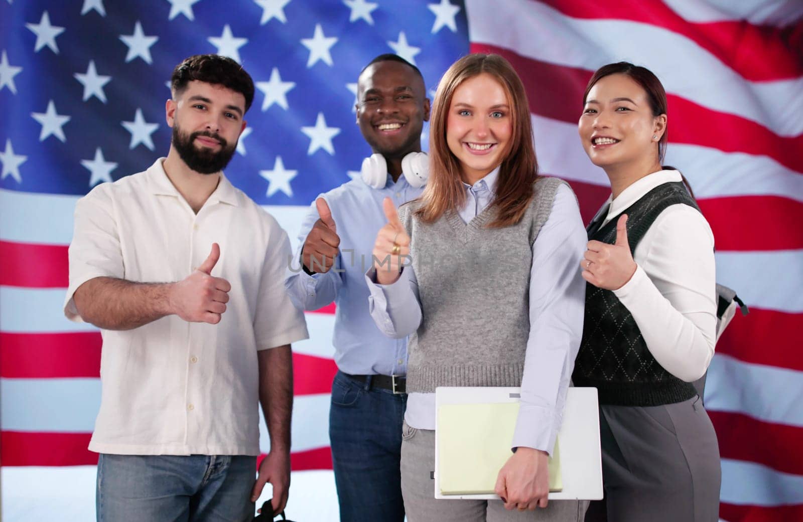 American Student Group. School Day Celebrations In Front Of USA Flag