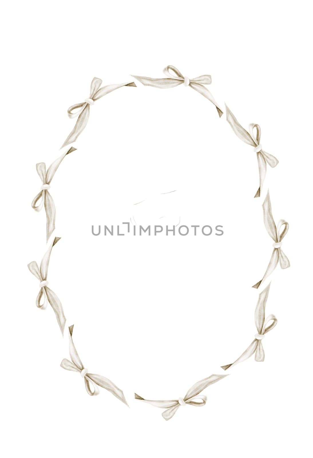 Frame with watercolor bows. Delicate pastel bows and ribbons in a round wreath. Isolated clip art on white background. Round border for decorating cards and invitations for weddings and birthdays. High quality photo