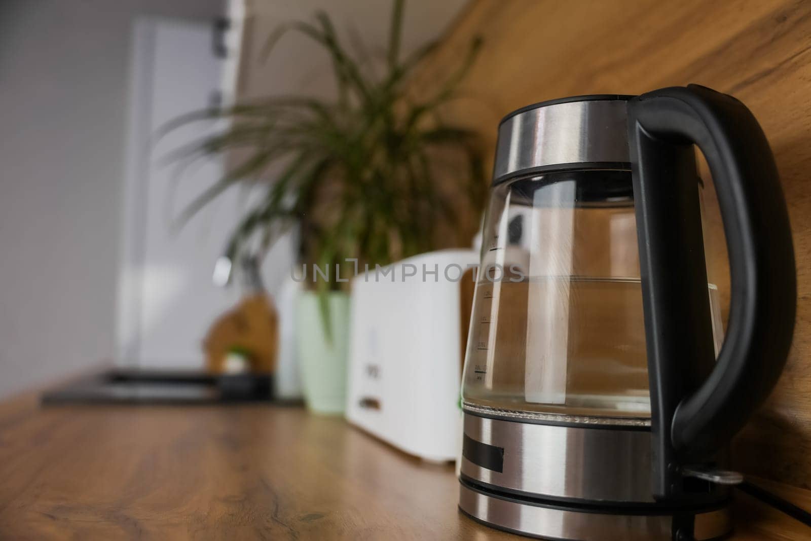 Close-up of an electric kettle with a glass base with water stands on the wooden countertop of a modern kitchen, behind the kettle you can see kitchen appliances, a plant and a black sink. Boiling water, electrical appliances. High quality photo