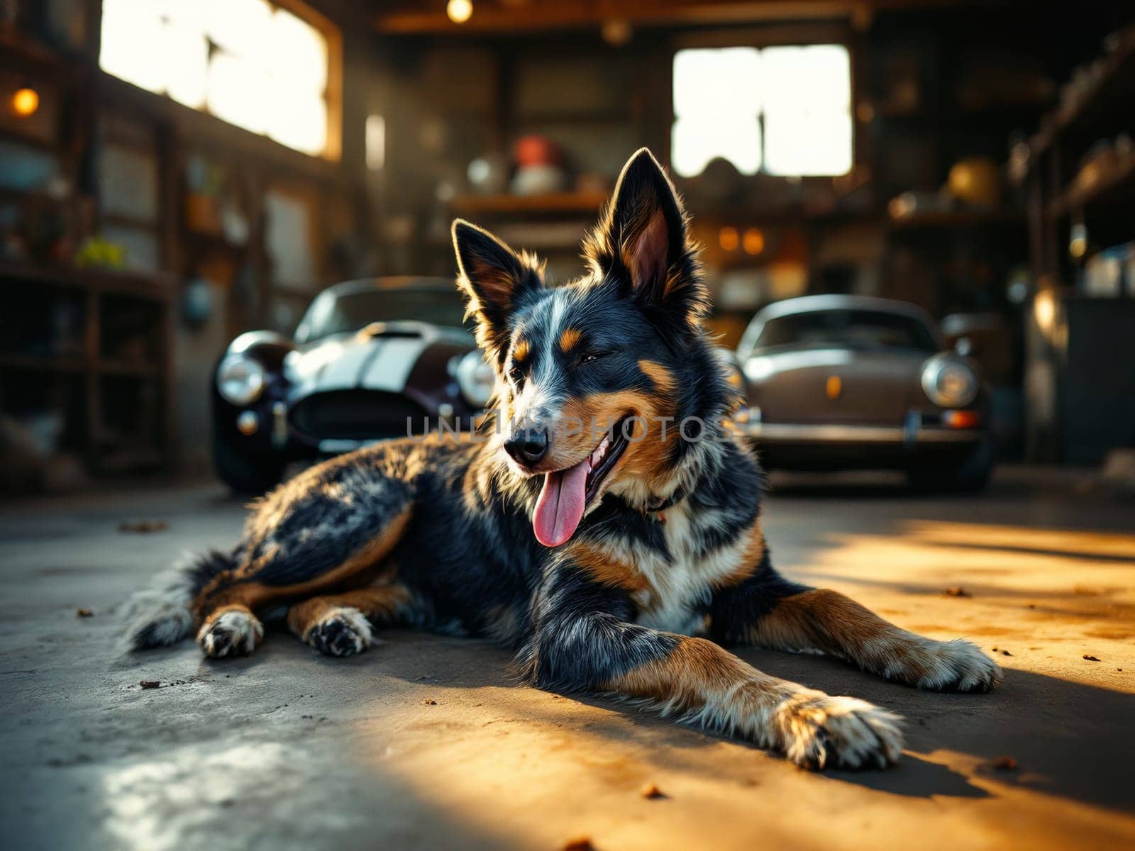 Happy australian shepherd dog resting on the floor of a tuning garage with vintage cars in the background. Ai generated