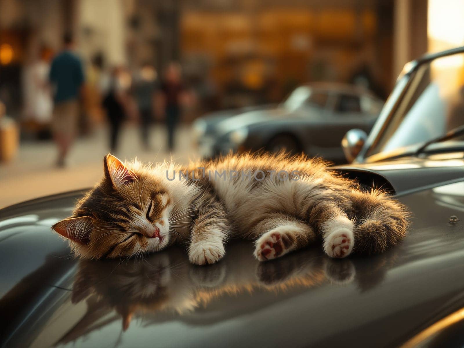 Cute kitten sleeping peacefully on the hood of a vintage car, enjoying the warm sunset glow in a charming urban setting. Ai generated