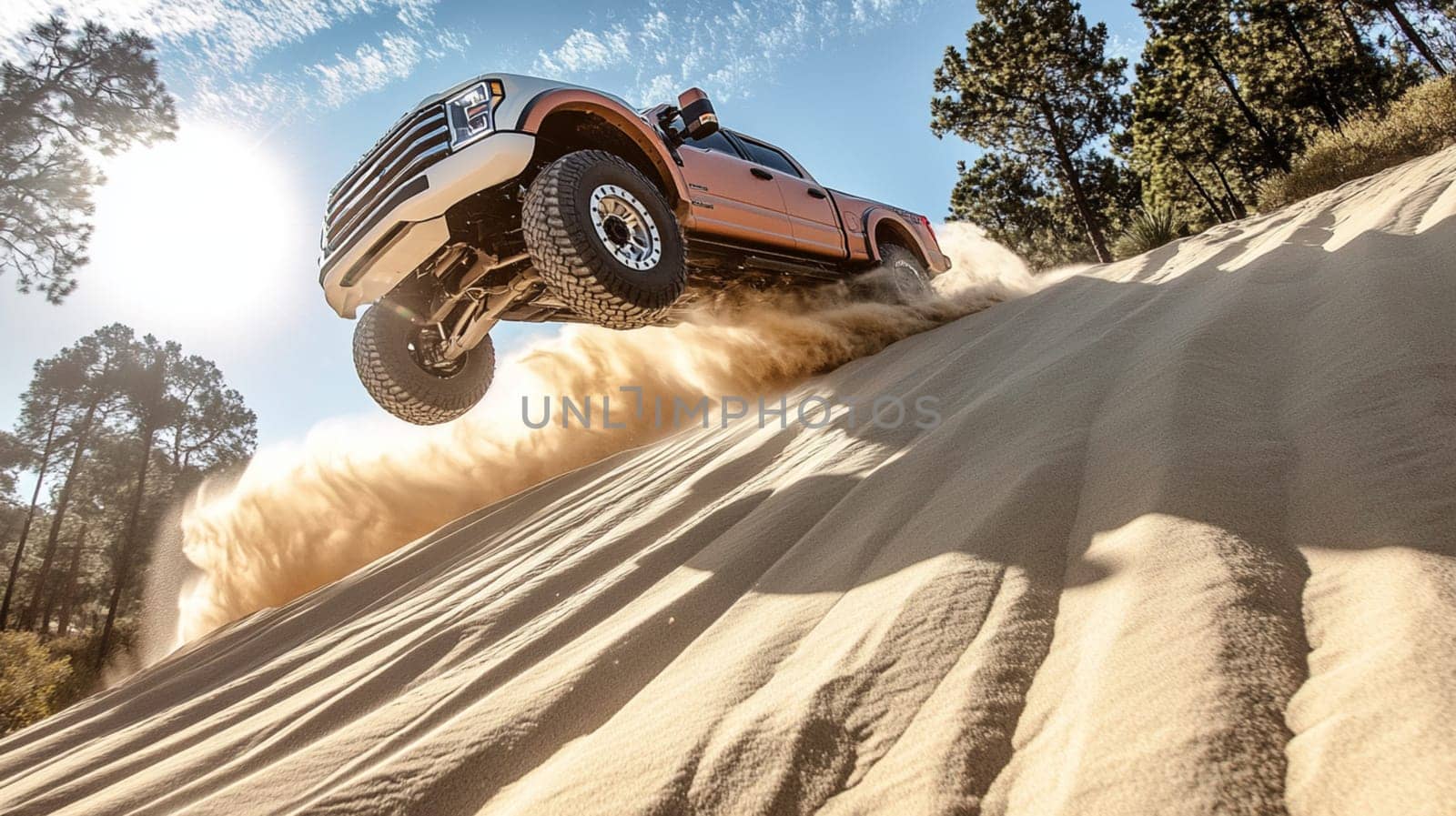 A powerful pickup truck soars over a sandy dune, kicking up dust while driving through a sunlit forested landscape, highlighting the excitement of off-road driving.