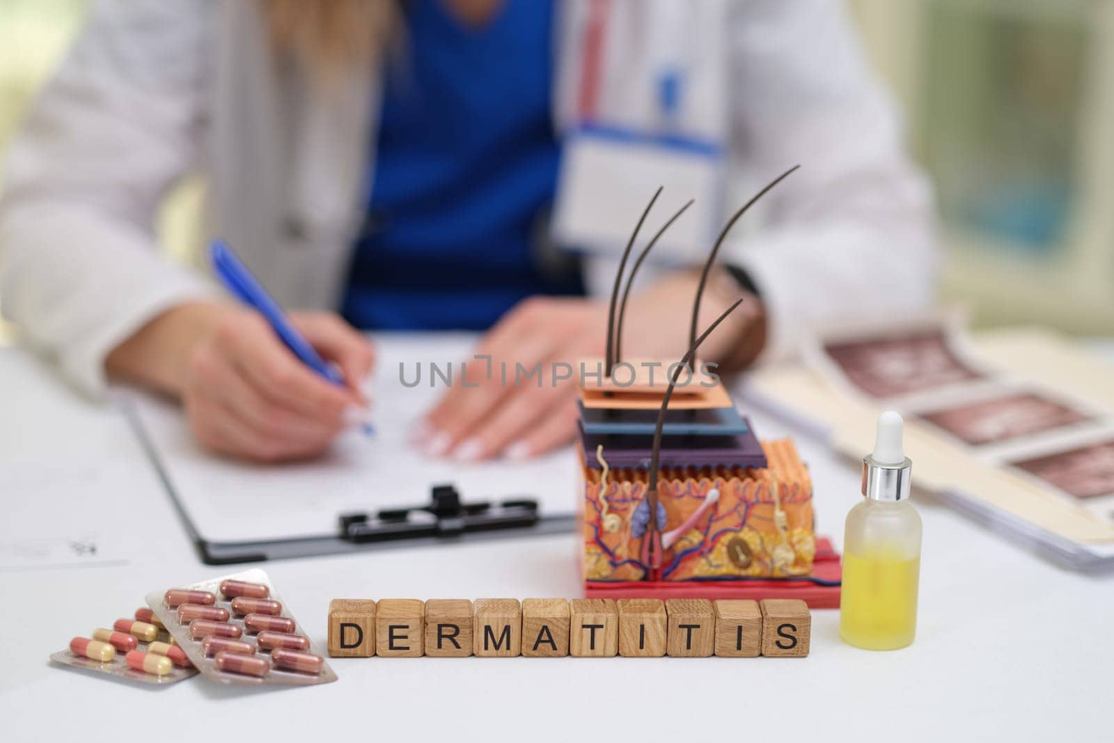 A dermatologists workspace beautifully showcasing various dermatitis treatment tools, medications, and resources