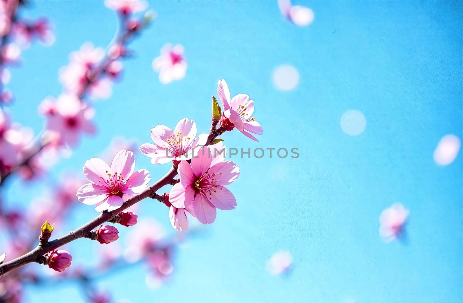 Delicate pink cherry blossoms bloom vibrantly against a clear blue sky, creating a serene backdrop for added text or messages.