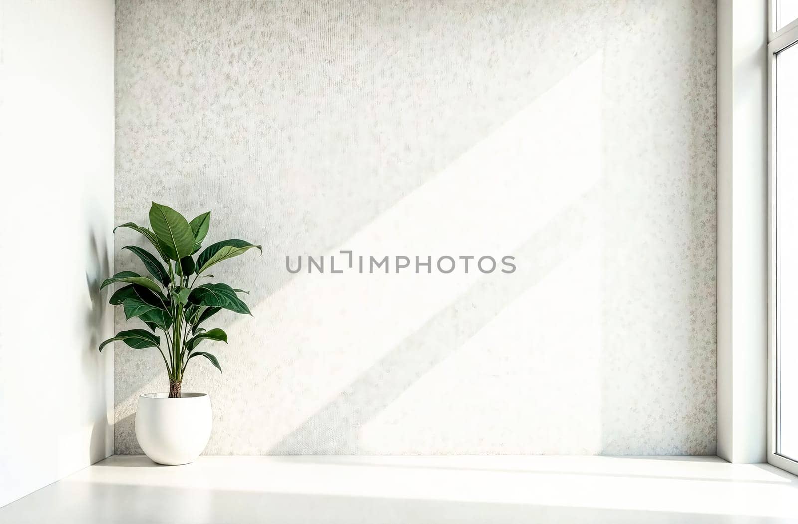 Minimalist interior features soft lighting, a lone potted plant, and a spacious area perfect for text or decoration.