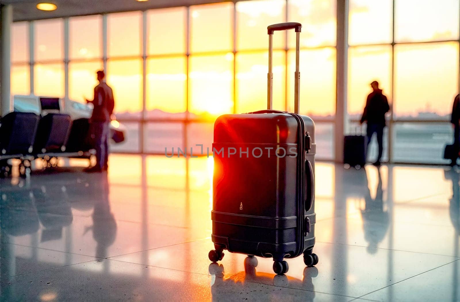A suitcase stands alone in an airport terminal, illuminated by the warm glow of the sunset, while travelers bustle around preparing for their flights.