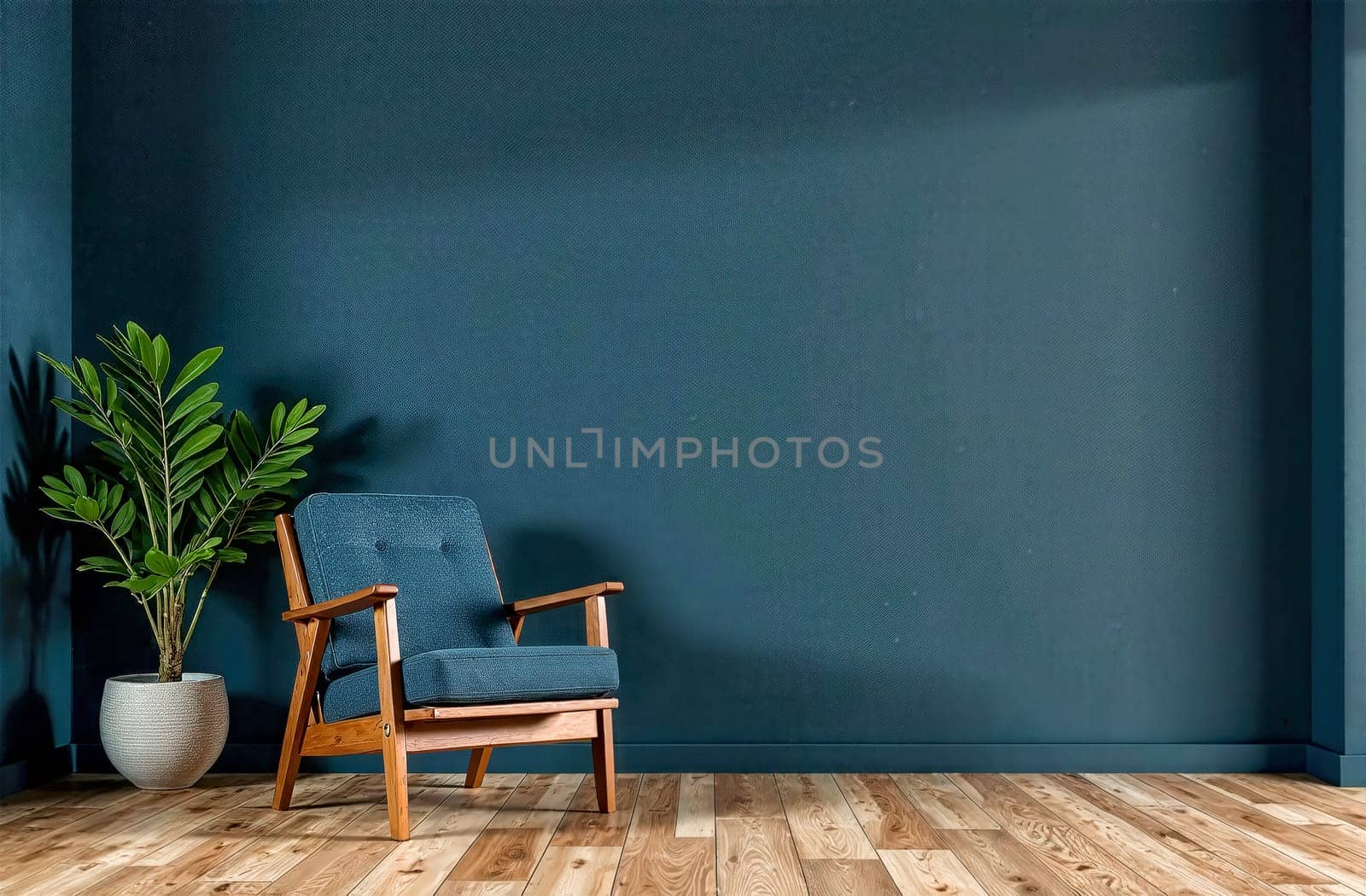 A wooden chair sits beside a lush green plant in a stylish pot, positioned in front of a dark blue wall, exemplifying minimalism.