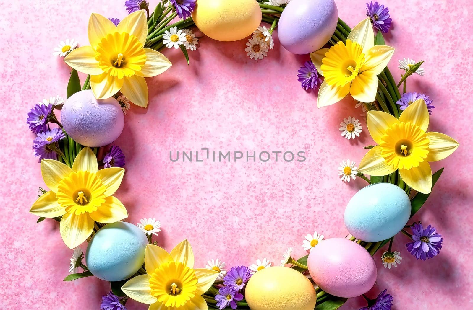 Brightly adorned wreath features pastel eggs and vibrant flowers, creating a cheerful backdrop for Easter greetings and messages.