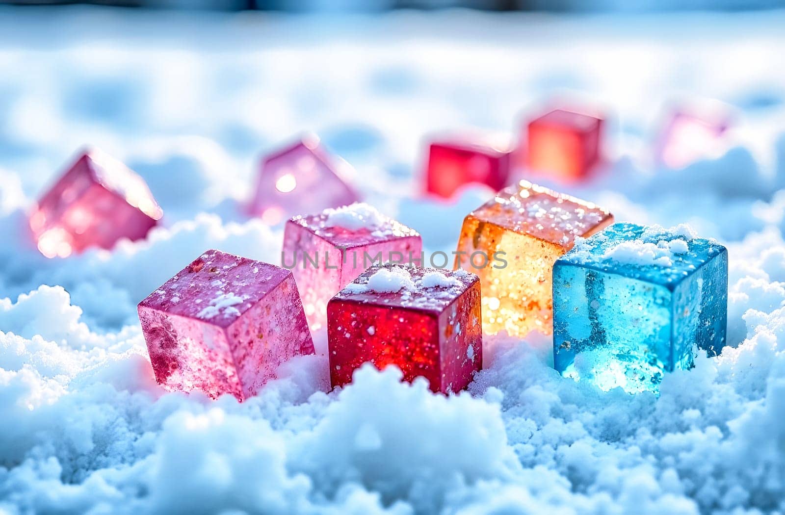 Colorful ice cubes in various shades lie scattered across a blanket of fresh snow, reflecting the winter sunlight.