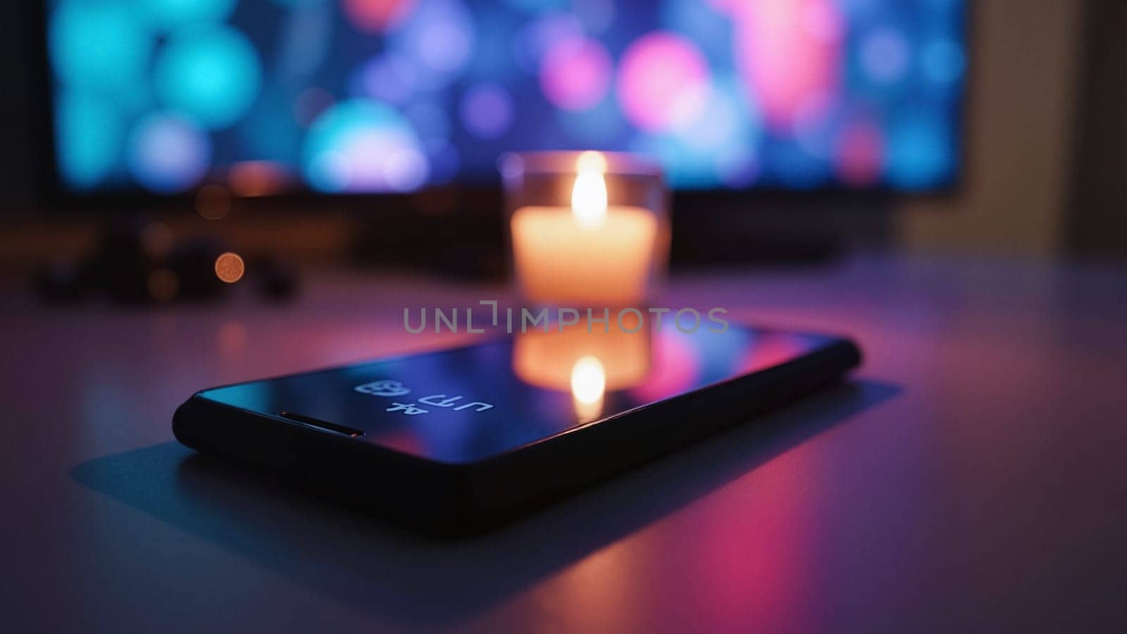A phone is on a table with a candle in a glass. The phone is turned off and the screen is black. The candle is lit and the reflection of the phone is visible in the glass