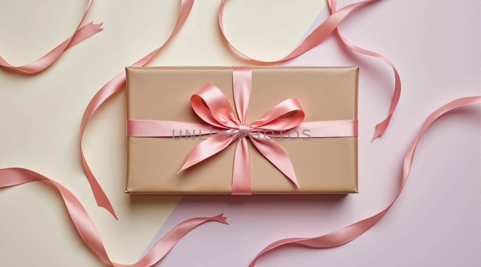 A beautifully wrapped gift box with a pink ribbon and bow on top. The ribbon is tied in a bow and is pink in color. The box is made of gold material, giving it a luxurious and elegant appearance