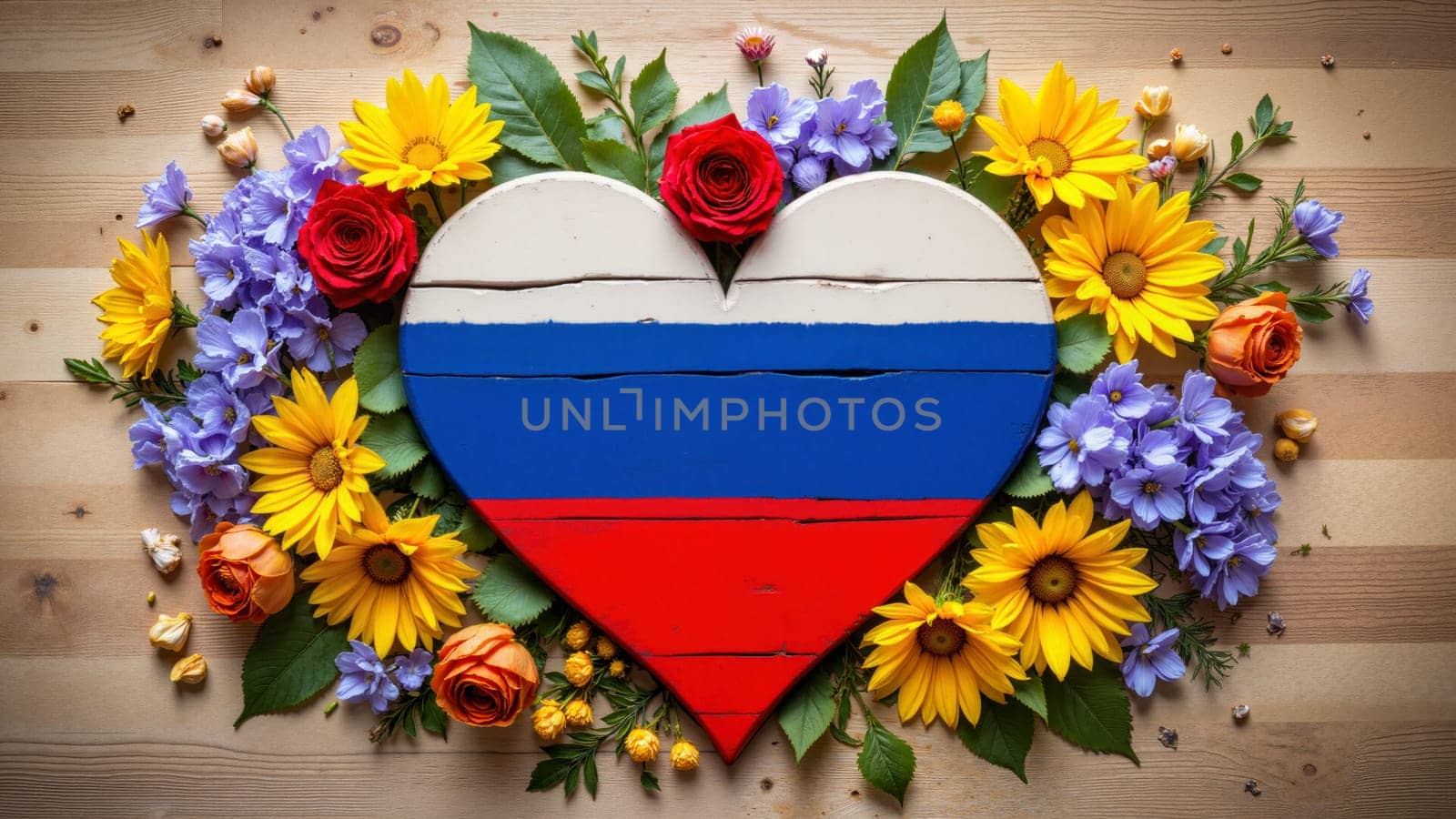 A heart made of flowers and a flag of Russia. The heart is red and white with a blue stripe