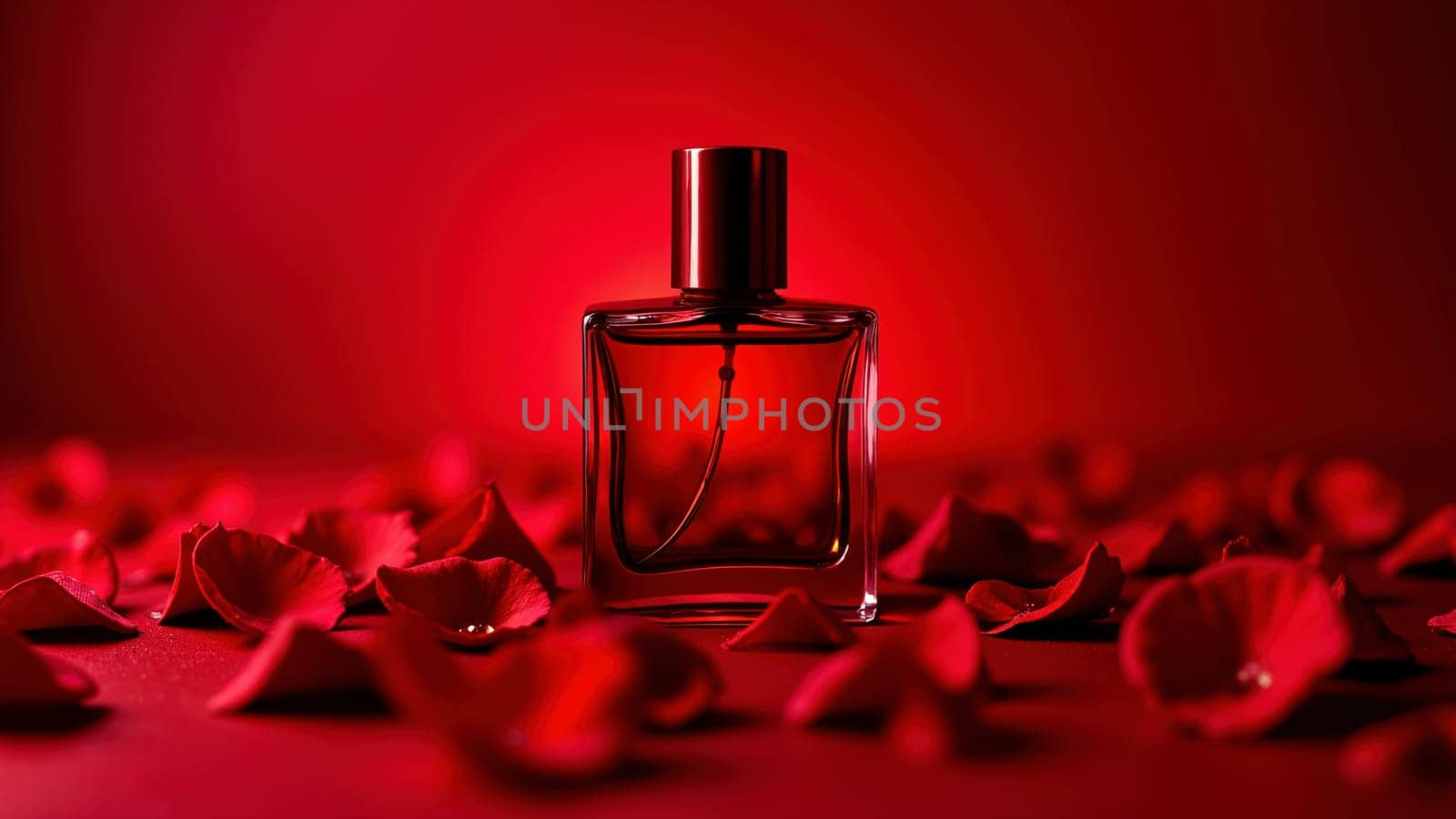 A bottle of perfume is on a red background with red petals. The perfume bottle is the main focus of the image