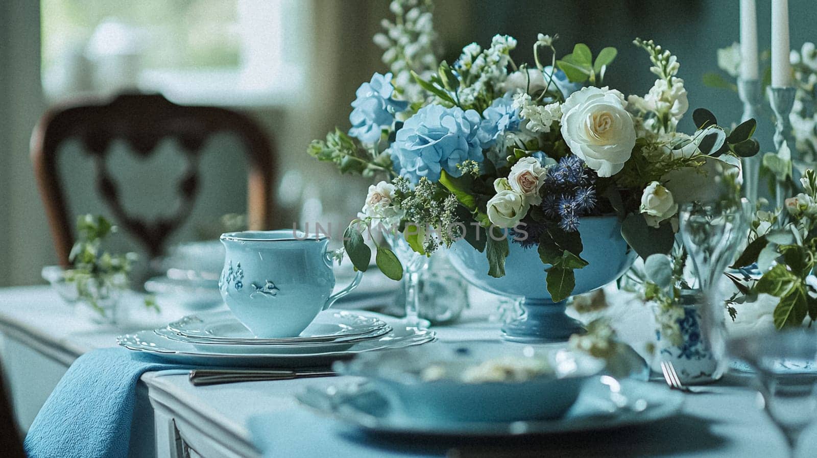 Elegant cottage or country house room, blue colour interior design and home decor, furniture and soft furnishing fabric and upholstery, English countryside style idea