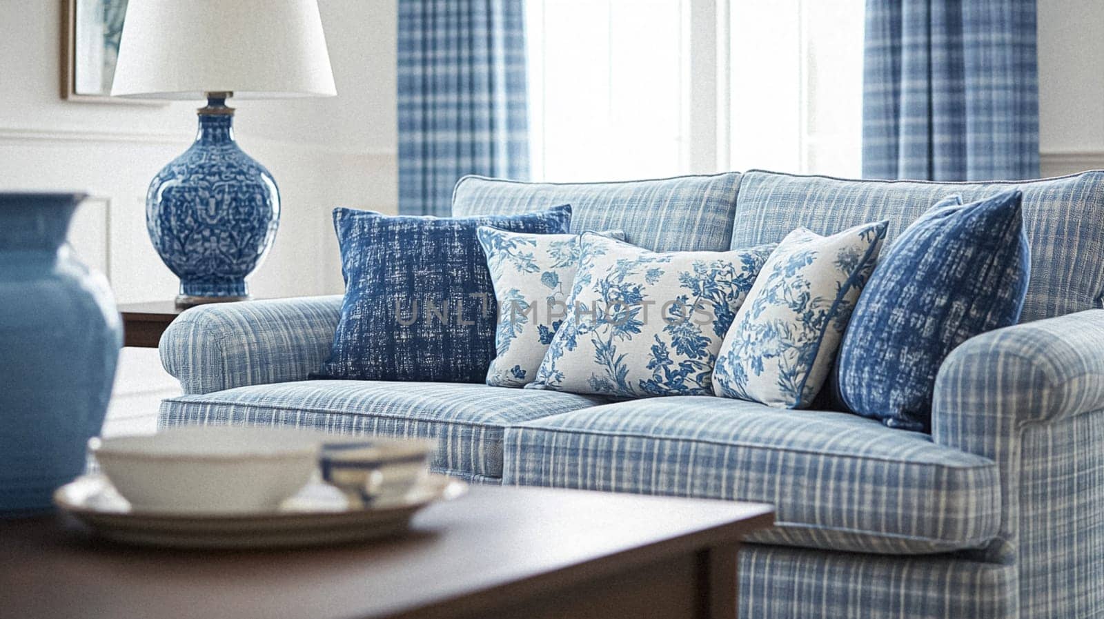 Elegant cottage or country house room, blue colour interior design and home decor, furniture and soft furnishing fabric and upholstery, English countryside style idea