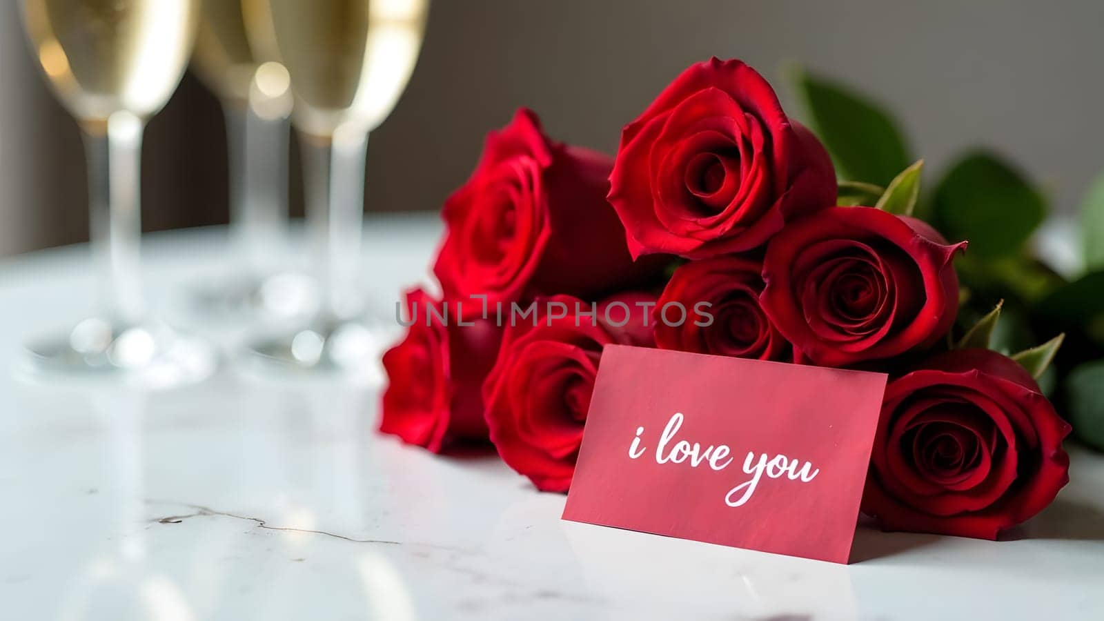 A beautiful arrangement of red roses with a heartfelt I love you card, sitting on a marble table with champagne glasses blurred in the background. High quality photo