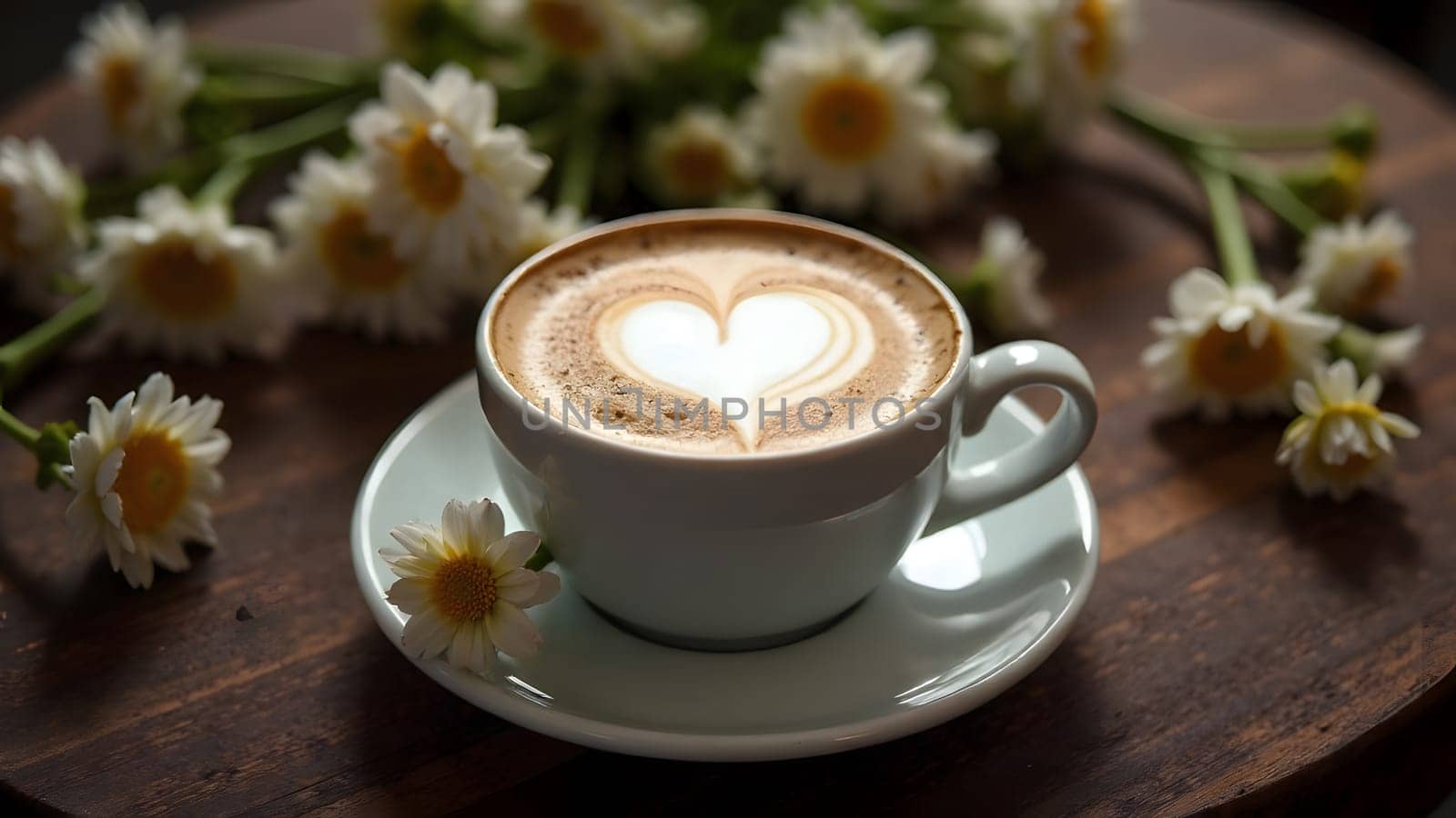 A heart-shaped latte art in a coffee cup on a rustic wooden table with small floral decorations adds charm to a quiet moment. High quality photo