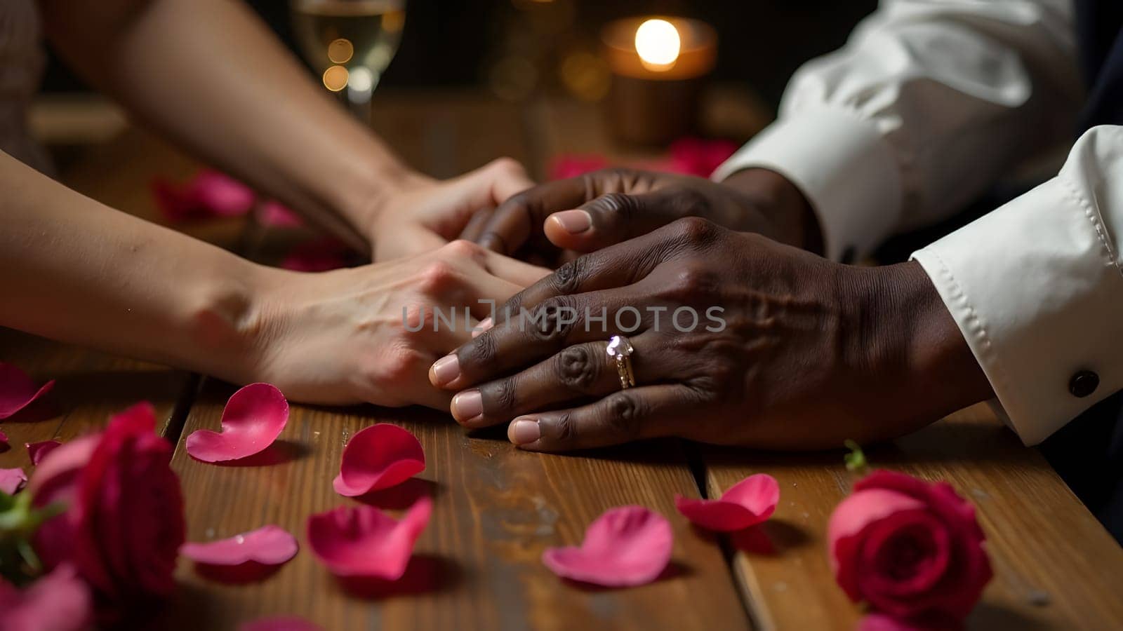 The couple's hands, adorned with rings, rest on a wooden table filled with rose petals, flickering candles, and champagne glasses, creating an intimate atmosphere. High quality photo