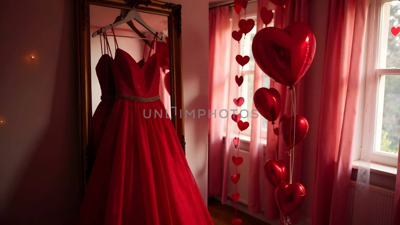 A striking red dress on the back of a chair is the focal point of a room filled with heart-shaped decorations and balloons. High quality photo