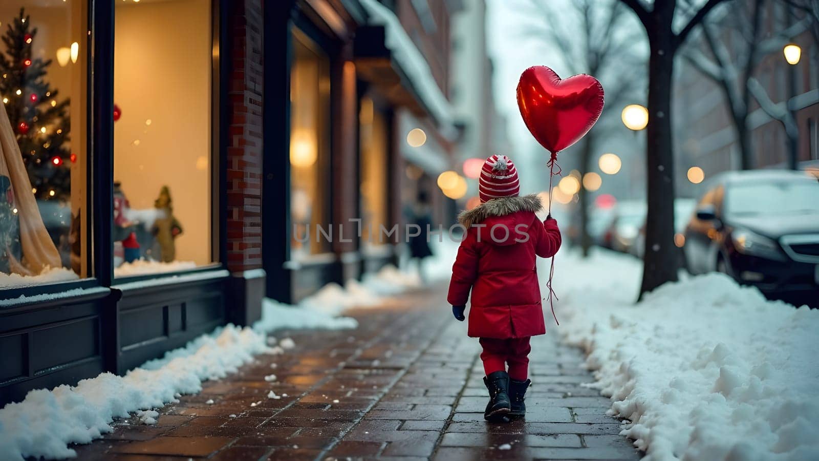 A child holding a red heart-shaped balloon stands on a snowy sidewalk with bright storefront displays in the background. High quality photo