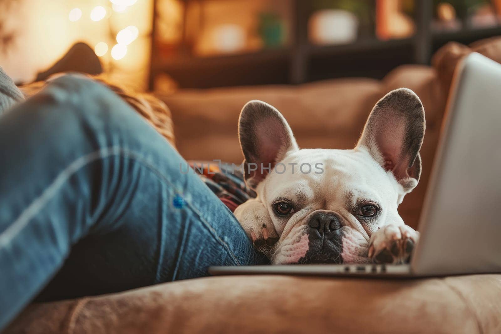 A relaxed French Bulldog enjoys a cozy moment with its owner, who is working on a laptop. The warm atmosphere creates a sense of comfort and companionship.