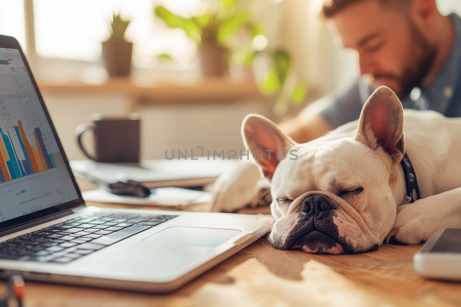 A French Bulldog peacefully sleeping beside a laptop in a cozy workspace, showcasing a perfect blend of productivity and comfort with natural light.