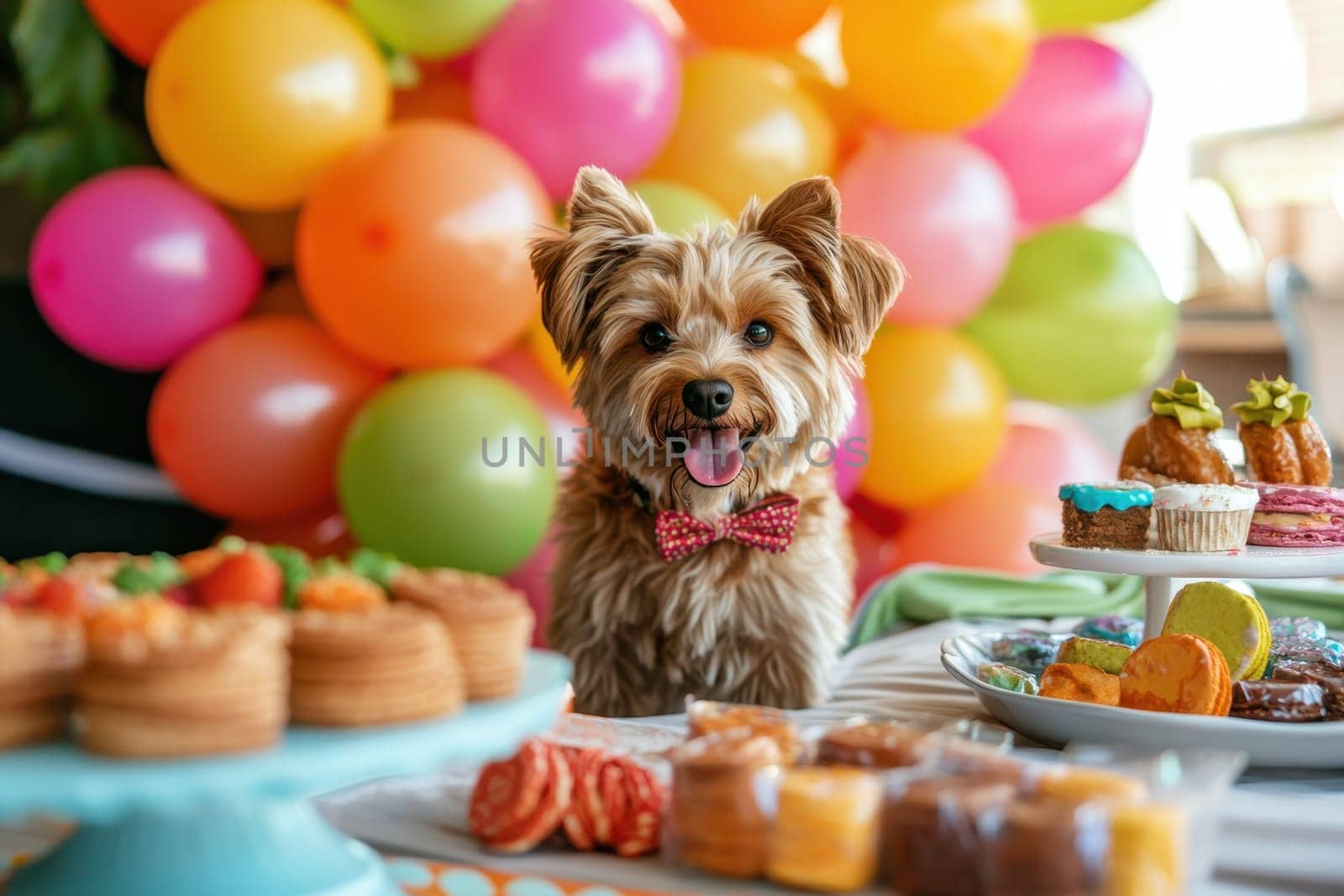 A charming Yorkshire Terrier sits proudly among a table of colorful desserts and a backdrop of vibrant balloons, radiating joy and celebration.