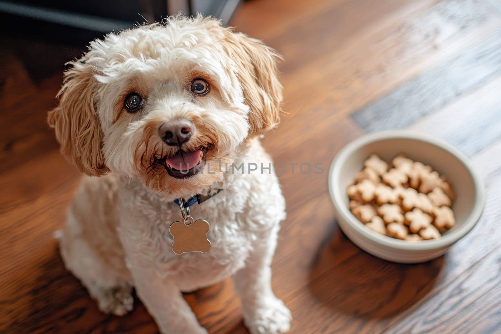 A cheerful fluffy dog with curly fur sits by a bowl of tasty treats on a polished wooden floor, radiating joy and companionship.