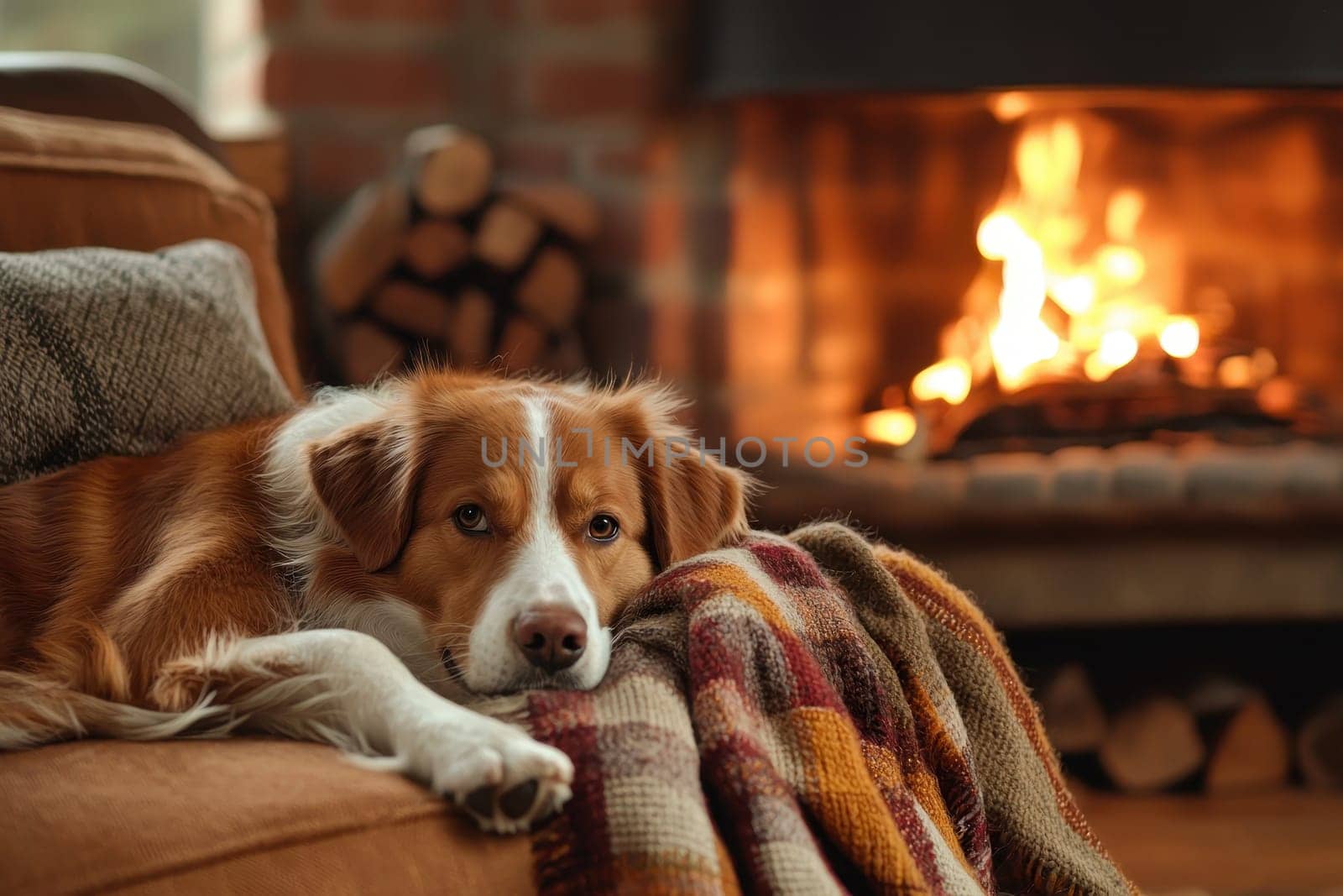 A serene scene of a relaxed dog resting on a couch beside a glowing fireplace, wrapped in a soft blanket, showcasing comfort and warmth in a cozy home setting.