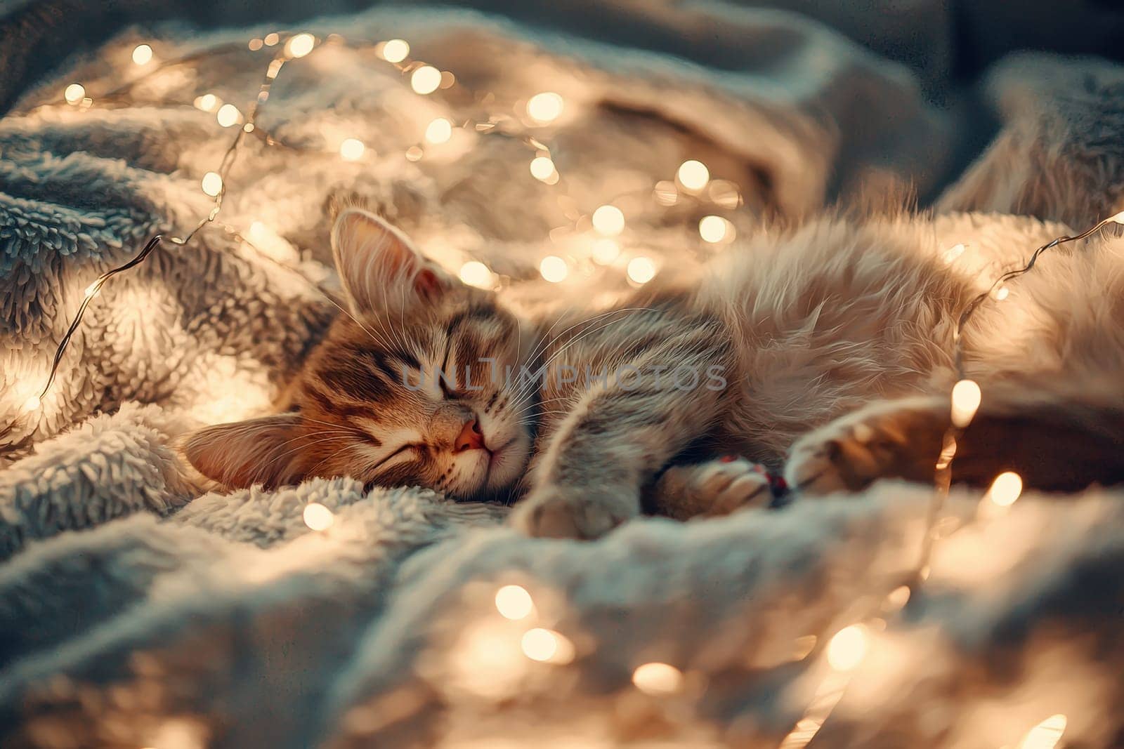 A charming scene of a cat sleeping peacefully amidst warm, glowing lights on a soft blanket, epitomizing comfort and tranquility. Perfect for cozy themes.