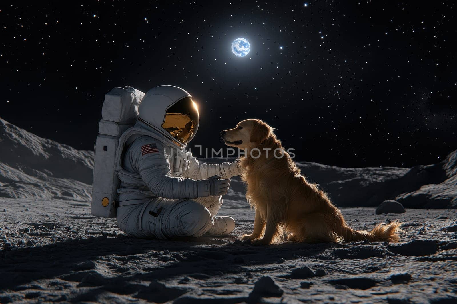 An astronaut crouches to pet a friendly dog on a lunar landscape, with the Earth glowing in the night sky, showcasing an extraordinary moment of companionship in space.