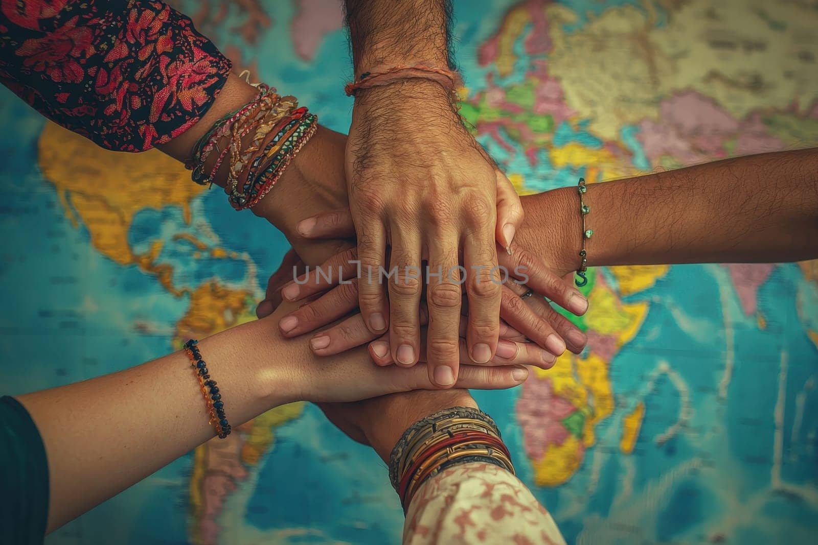 A powerful image showcasing diverse hands united together, symbolizing unity and cooperation against a vibrant world map, representing global connection.