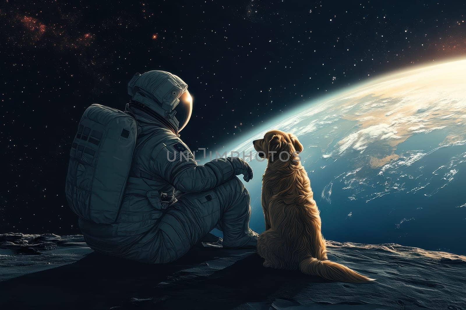 An astronaut and a golden retriever sit together on the moon, gazing at Earth above them, capturing a touching moment of companionship in a cosmic landscape.