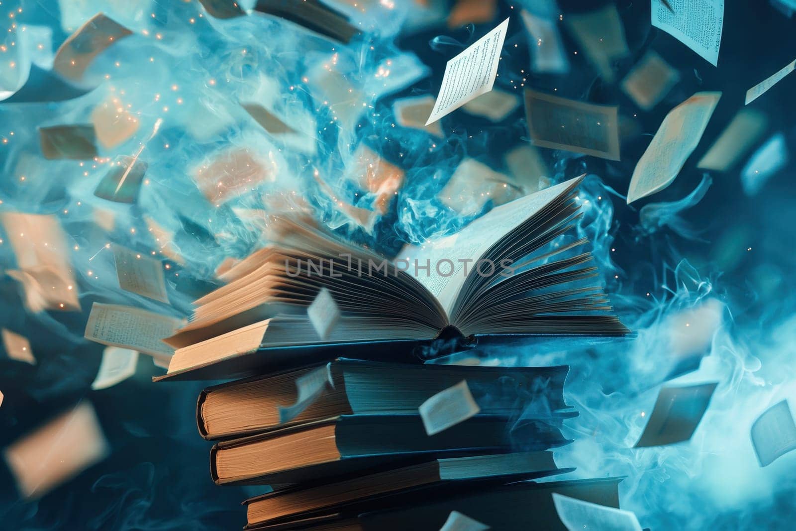 This enchanting image captures the beauty of an open book amidst swirling smoke and floating pages, symbolizing knowledge and creativity.