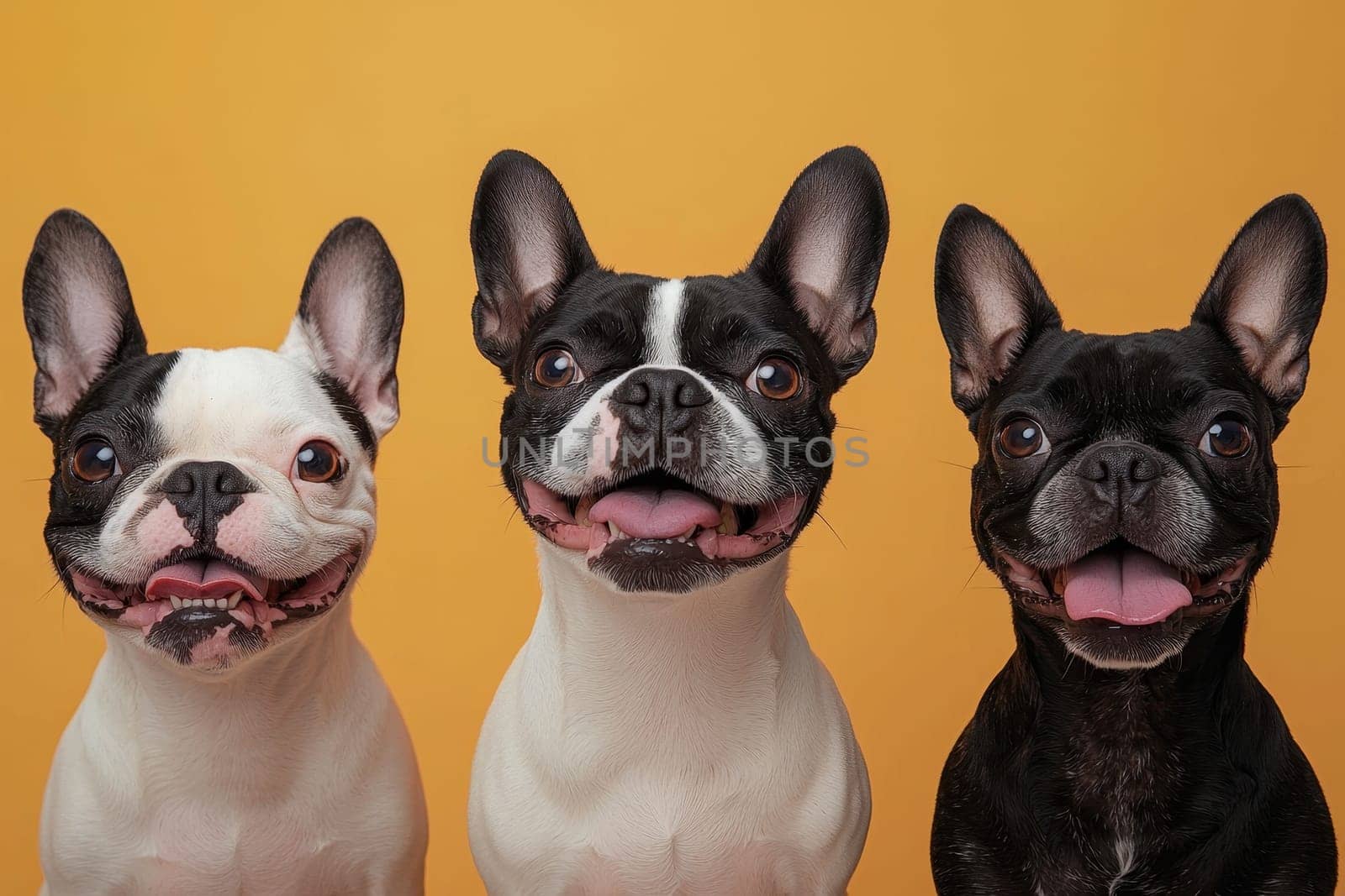 Three playful French bulldogs showcase cheerful expressions against a vibrant yellow background, capturing the essence of joy and companionship among pets.