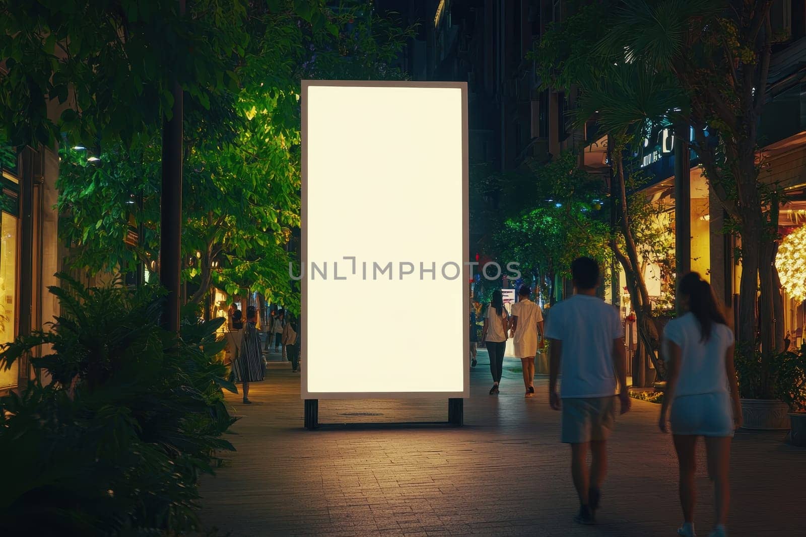A captivating urban night scene features a blank advertising panel flanked by lush greenery and people leisurely walking by, creating a vibrant atmosphere.
