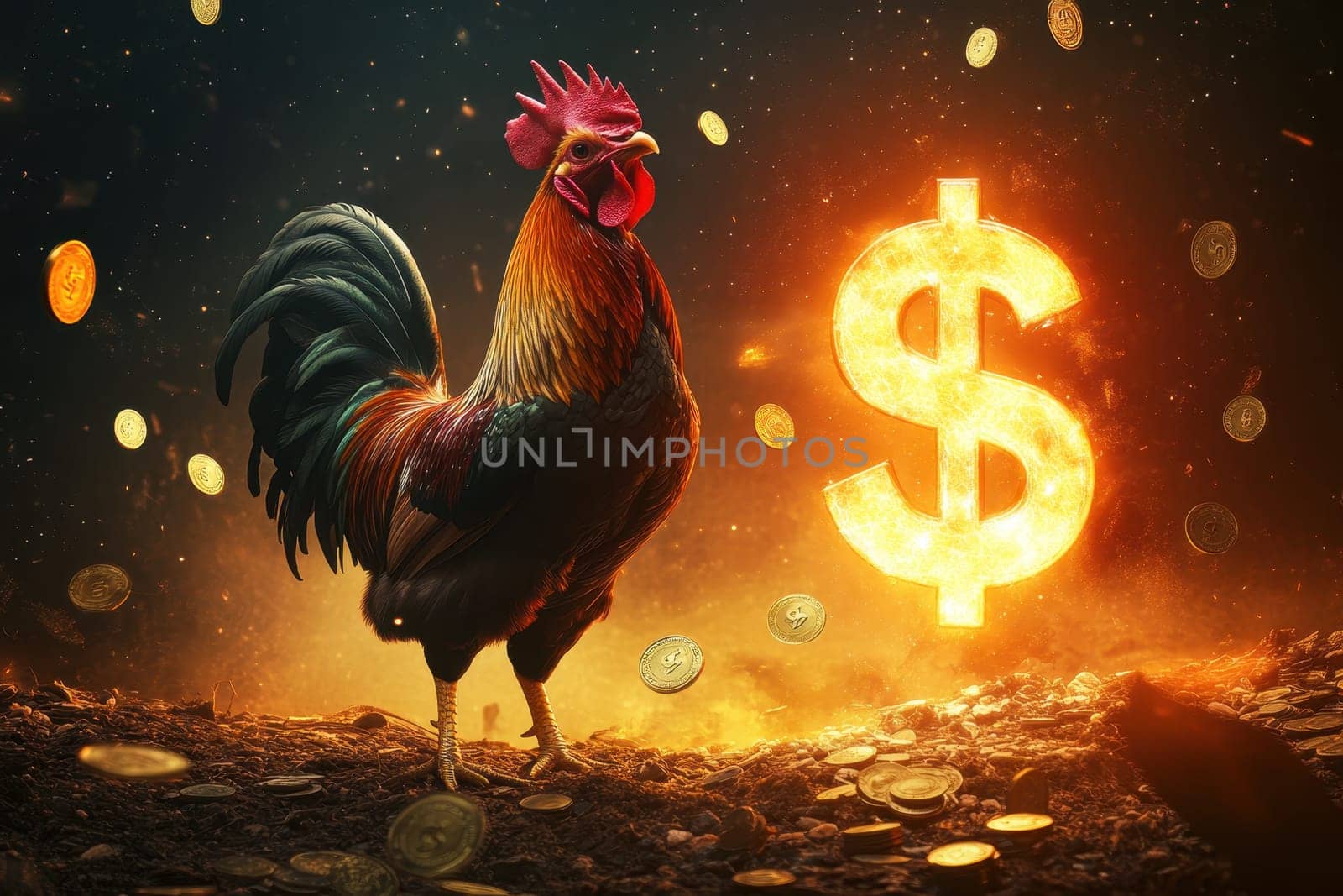 A vibrant rooster stands proudly among scattered gold coins, illuminated by a glowing dollar sign, representing wealth. Ideal for finance and prosperity themes.