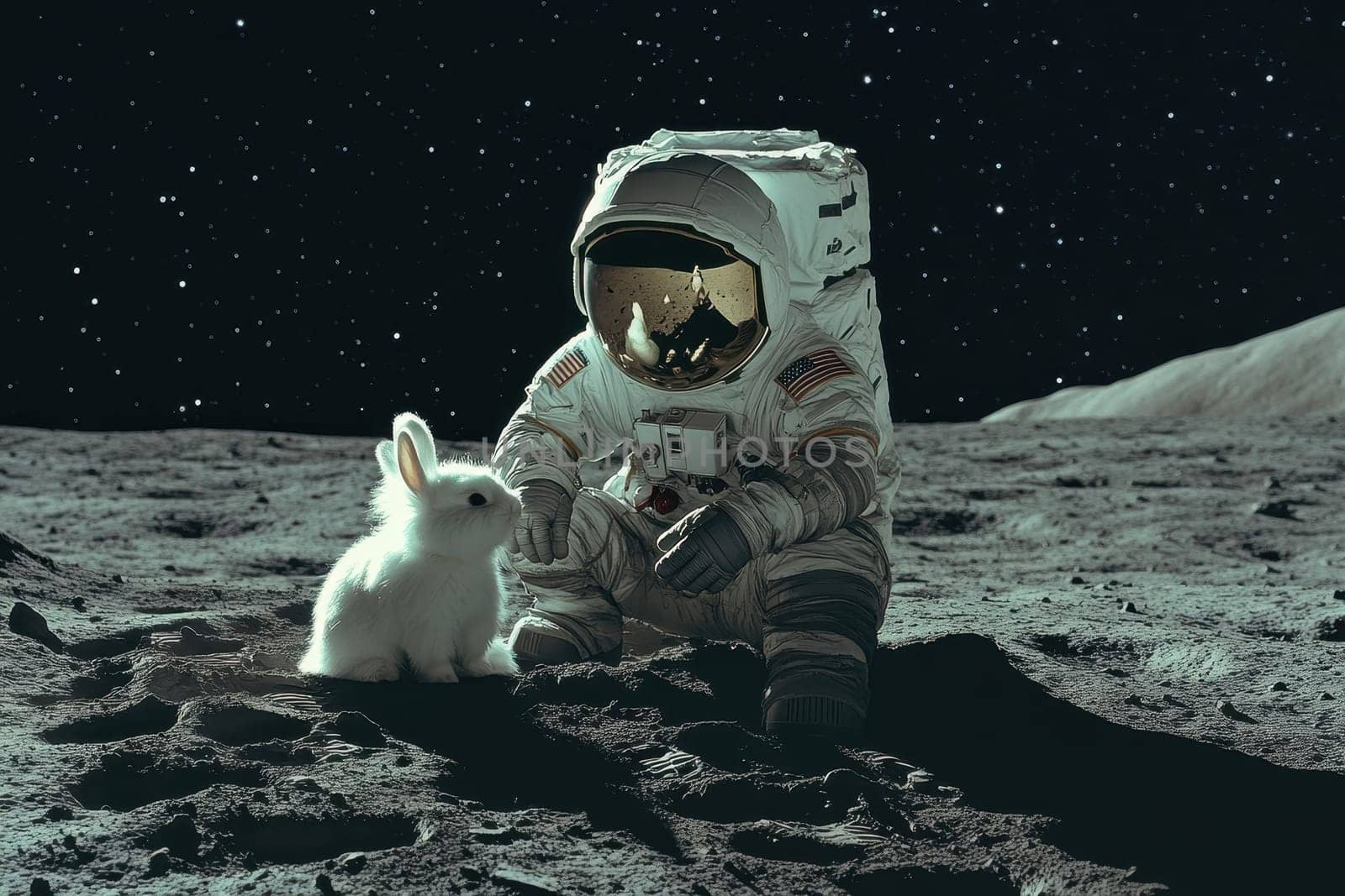 A whimsical scene showcasing an astronaut connecting with a white rabbit on the moon, set against a backdrop of twinkling stars.