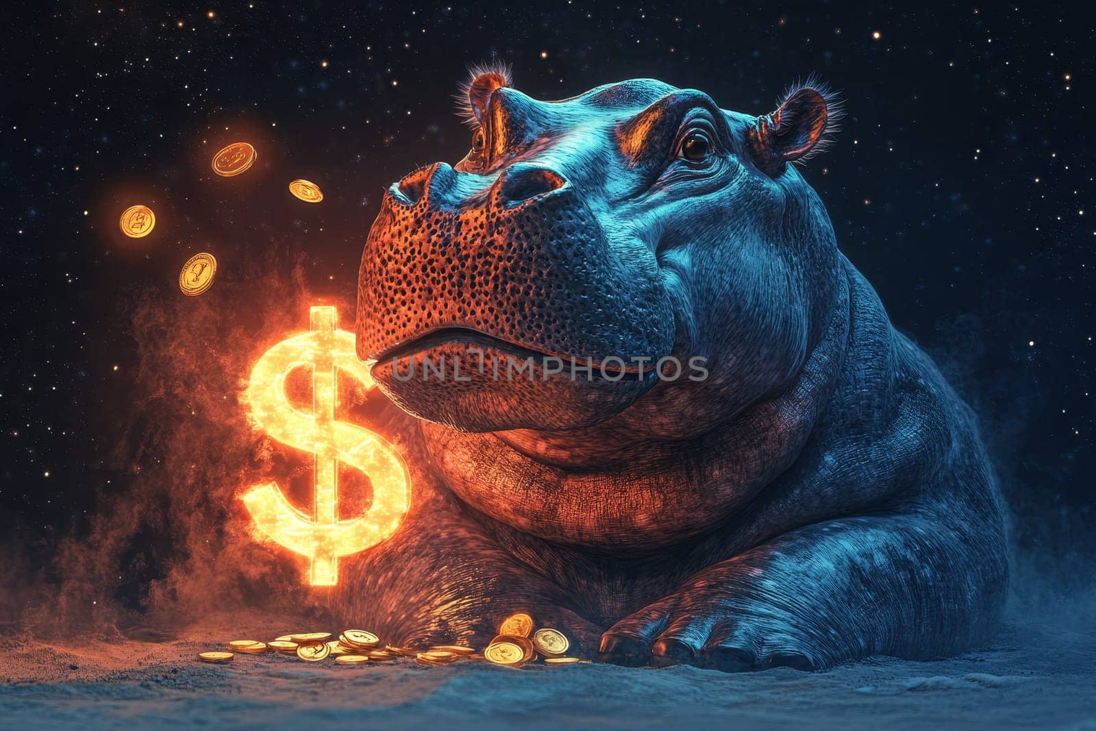 A vibrant and imaginative illustration of a hippo surrounded by glowing coins and a dollar sign, representing wealth and success in a playful manner.