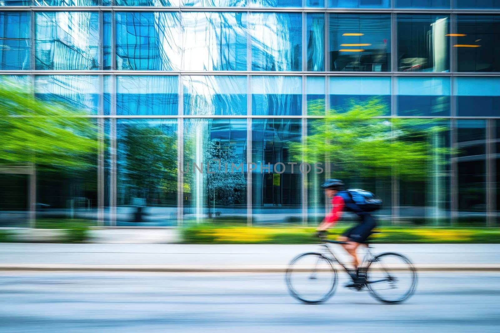 A cyclist rides swiftly past a modern glass building, showcasing a blend of motion and urban life in bright daylight.
