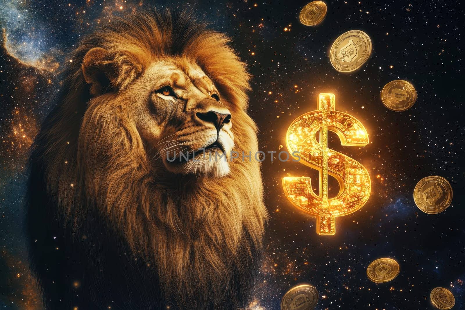 A striking portrait of a lion with a majestic mane, surrounded by golden coins and a dollar symbol in a cosmic backdrop, symbolizing wealth and power.