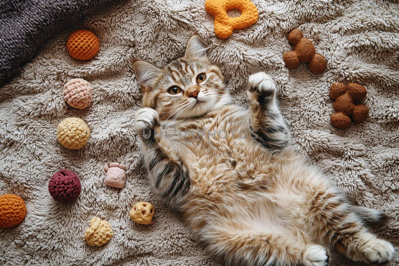 A charming cat lies comfortably on a fluffy blanket, surrounded by various colorful toys, embodying relaxation and playfulness in a cozy setting.