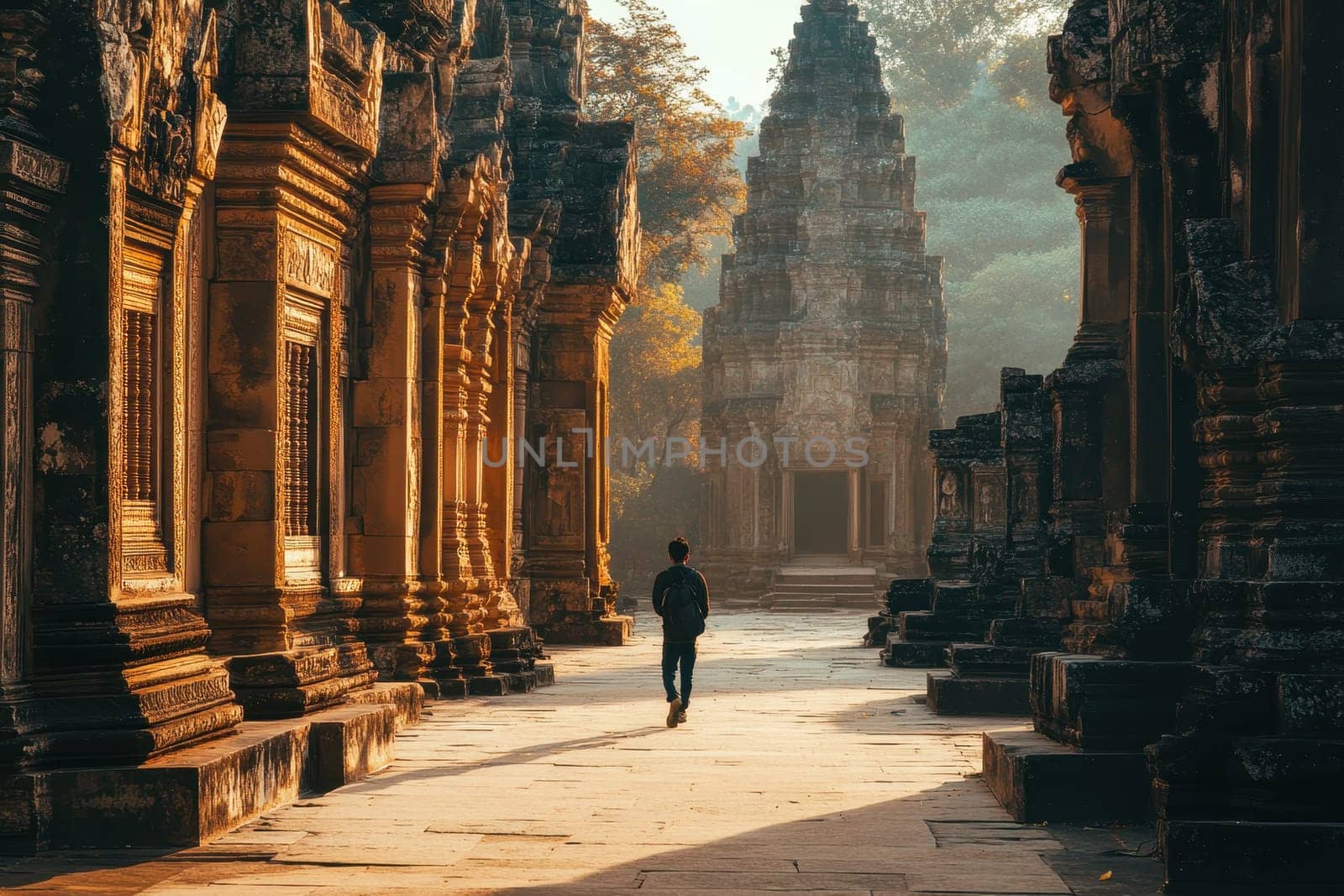 A solitary figure walks through an ancient temple complex bathed in soft morning light, showcasing the intricate stone architecture and vibrant atmosphere of Cambodia historical heritage.