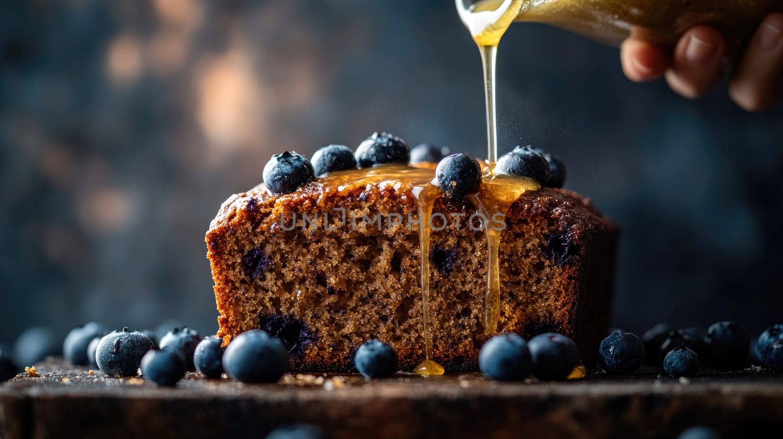 A warm, freshly baked blueberry loaf cake has honey being poured over it. Fresh blueberries are scattered around the cake, enhancing its rustic charm.