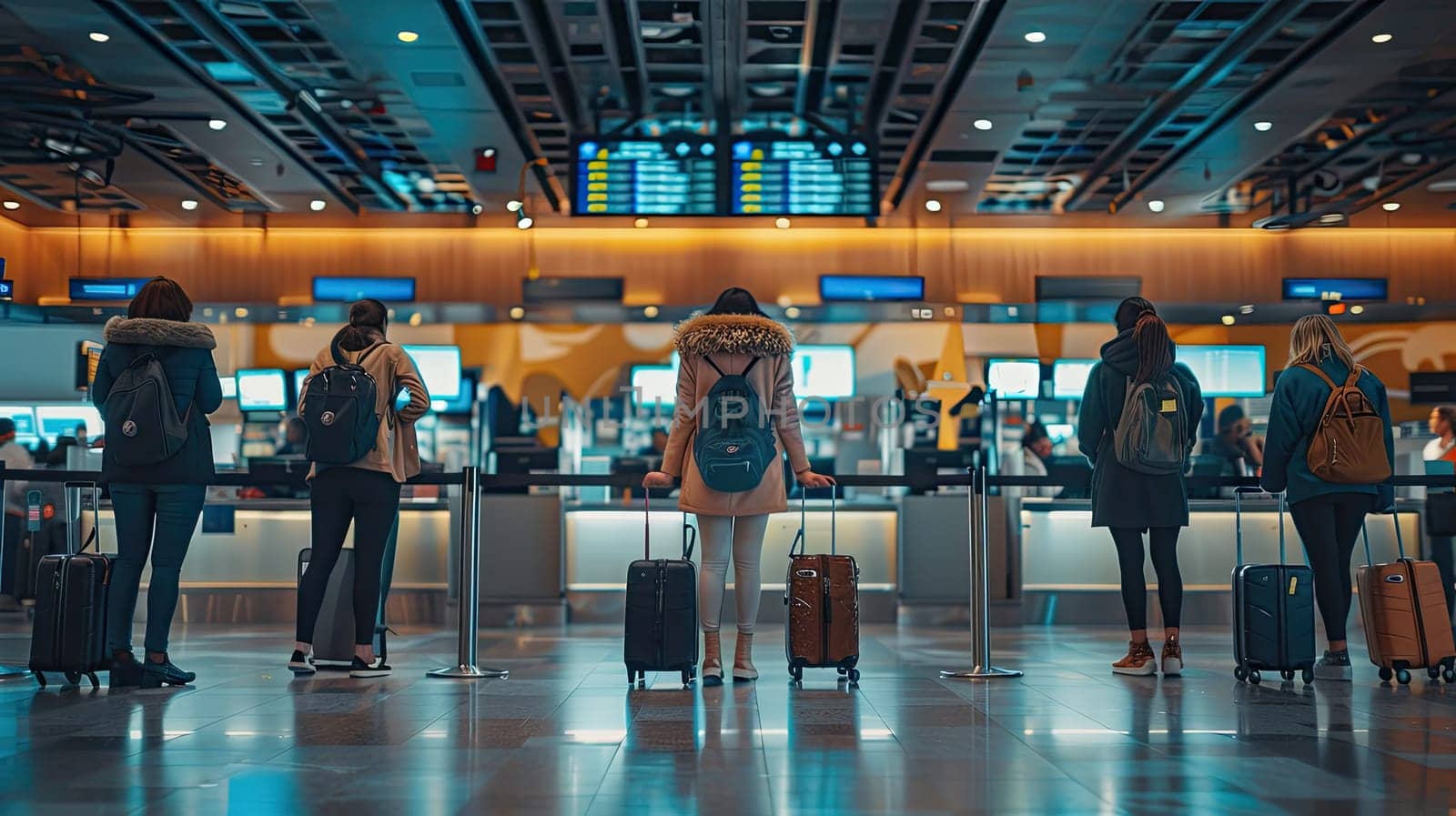 A group of travelers stands in line at airport check-in counters, preparing for their evening flights. The softly lit terminal creates a bustling atmosphere with neon displays.