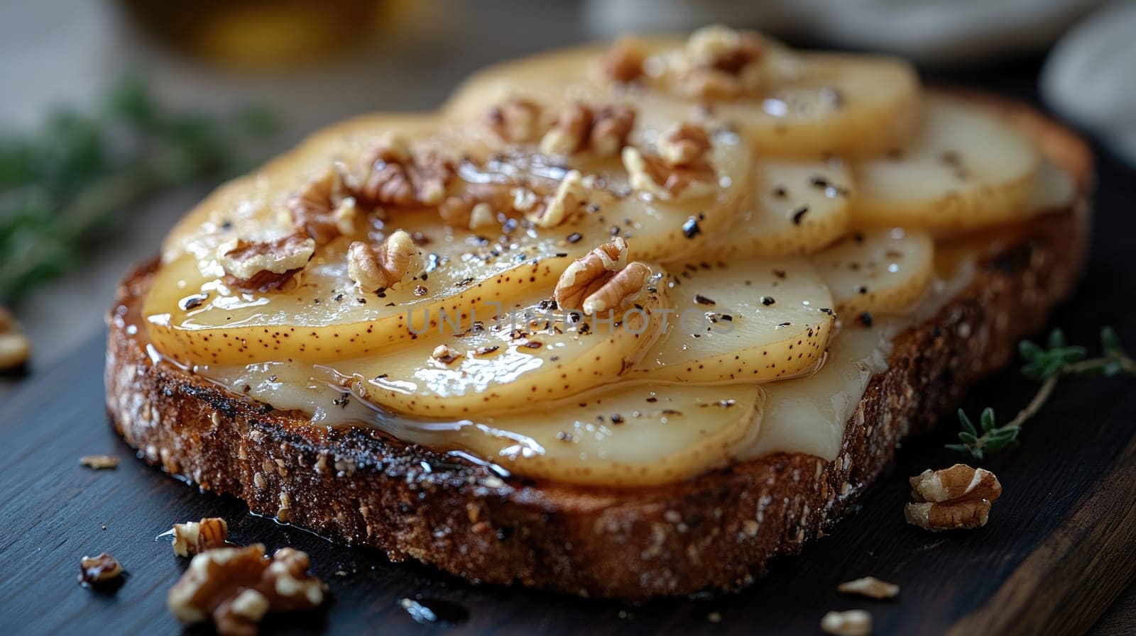 The dish features a hearty slice of toasted bread generously layered with thin pear slices, drizzled with honey, and topped with crunchy walnuts.