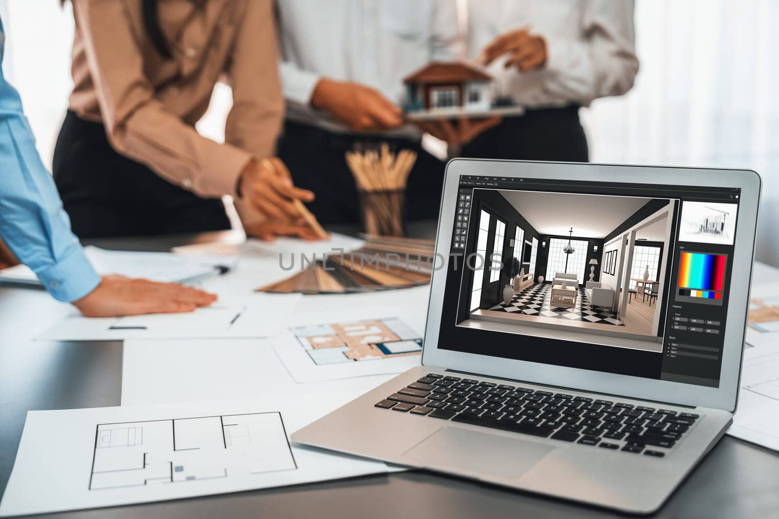 Group of interior architect designer discussing together on blueprint and laptop screen display architecture software for more precise designing layout. Modern home design and renovation. Insight