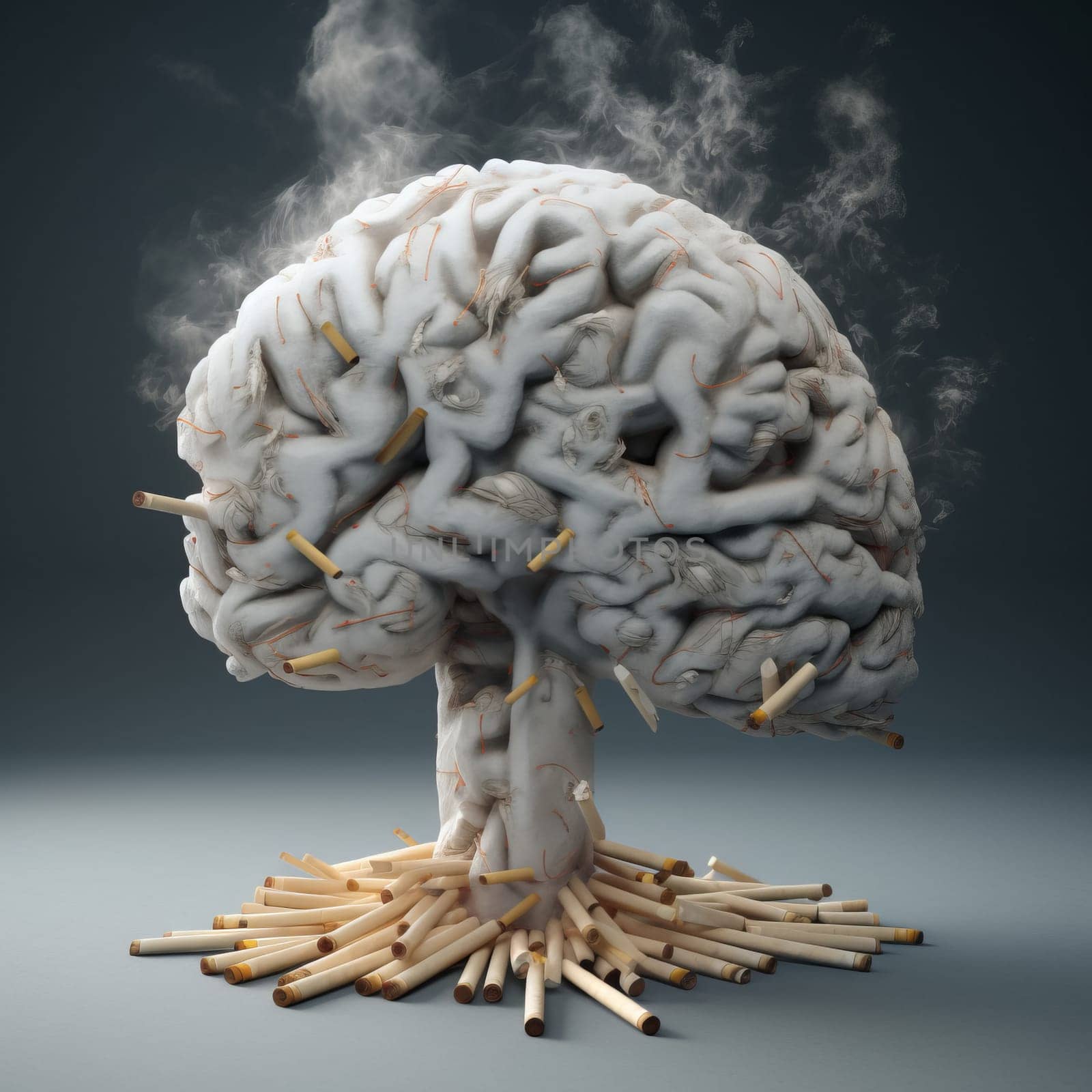 Creative image of a smoker's smoking gray brain with cigarettes, on a gray background.